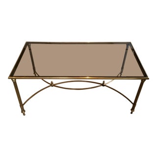Mid Century Brass & Smoked Glass Coffee Table With Curved Stretcher For Sale