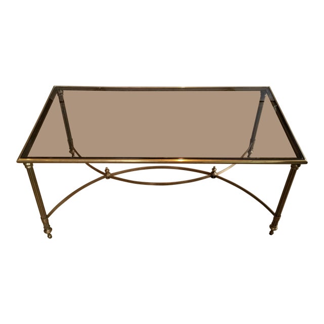 Mid Century Brass & Smoked Glass Coffee Table With Curved Stretcher For Sale