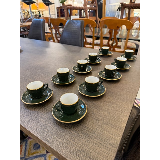Design Plus Gallery presents a Set of 10 Green + Gold Bistroware Porcelain Demitasse/Espresso Cups + Saucers from Apilco....