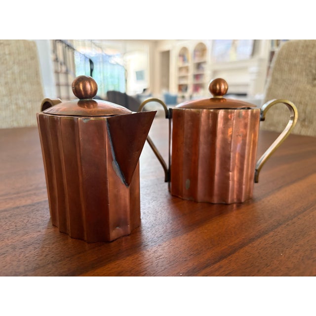 1960s Handcrafted Mid-Century Modern Copper Coffee Service Artisan Studio Brass & Wood Sculptural Design - Set of 3 For Sale In Houston - Image 6 of 18