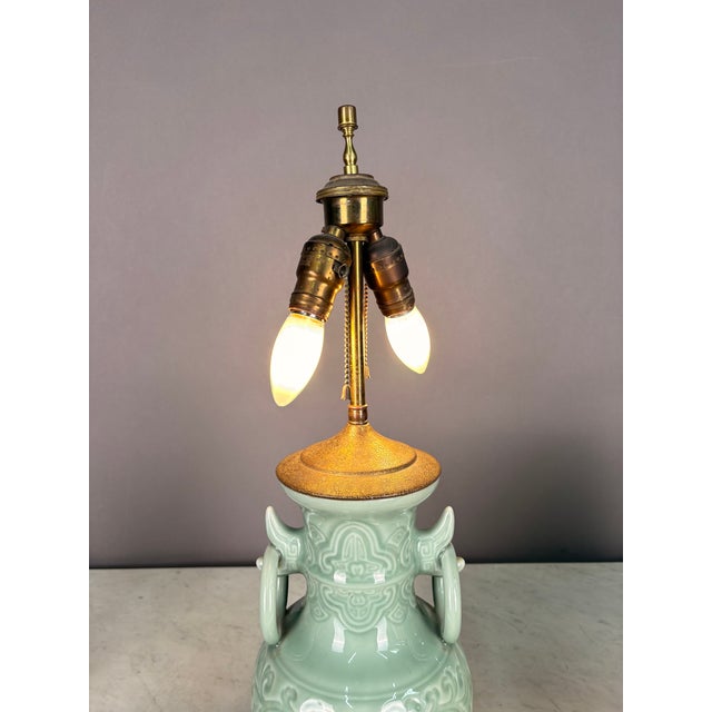 1920s Chinese Celadon Glazed Table Lamp With Raised Floral Design For Sale In New York - Image 6 of 7