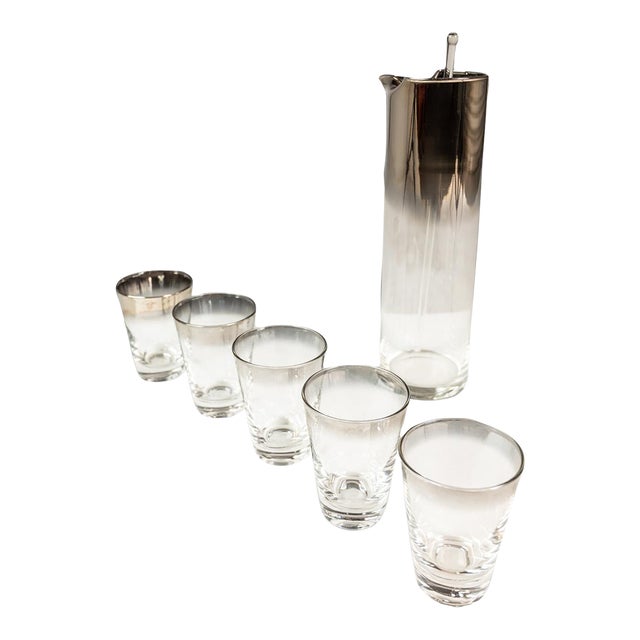 Mid-Century Modern 7-Pc Martini Cocktail Decanter Pitcher & Glasses Set W/ Silver Fade Attributed to Dorothy Thorpe, Usa, C. 1960s For Sale