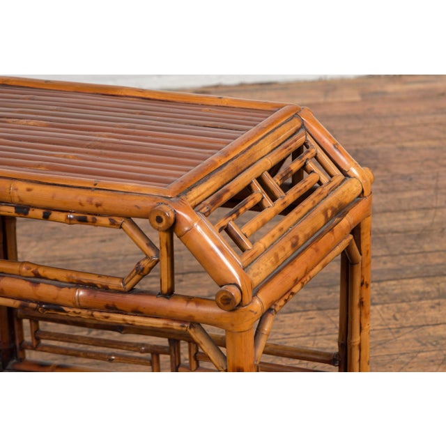 Chinese Vintage Bamboo Tiered Side Table with Slanted Front and Fretwork Motifs For Sale - Image 11 of 13