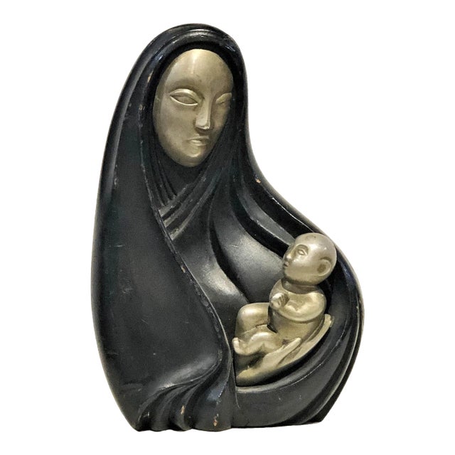 Rena Rosenthal, Madonna & Child, Art Deco Wood & Metal Sculpture, ca. 1920’s For Sale