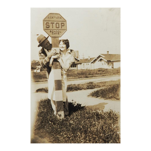 1920s Cute Couple Vernacular Snapshot Photograph at School Stop Sign