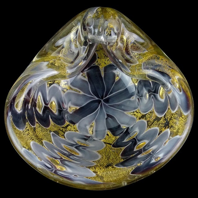 Beautiful vintage Murano hand blown dark purple (almost black) and light gray with gold flecks Italian art glass flipped...