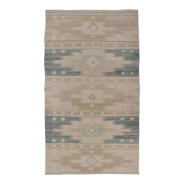 Vintage Turkish Kilim Rug With Earthy Tones and Geometric Patterns 6'0" X10'10" For Sale