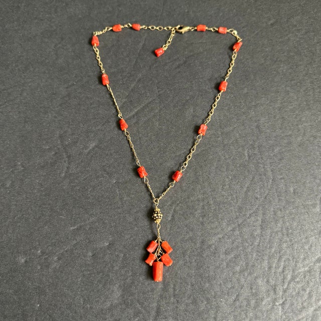 Victorian Vintage Coral Station Necklace 14k Gold Filled Lariat Y Pendant Natural Handmade For Sale - Image 3 of 9