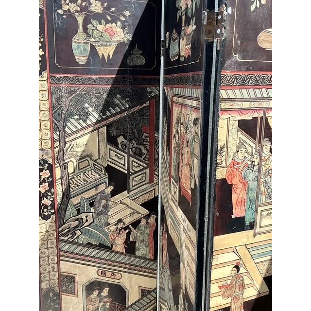 Black Vintage Chinoiserie Four Panel Folding Screen For Sale - Image 8 of 12