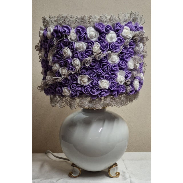 Ceramic German Art Deco Table Lamp with White Porcelain Sphere and Floral Shade from H & G Porcelain, 1930s For Sale - Image 7 of 12