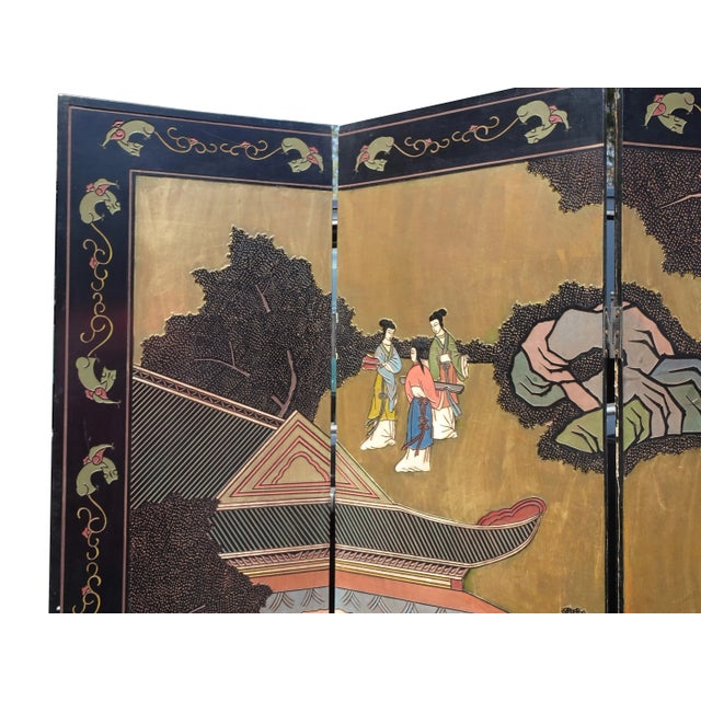 Vintage Oriental Asian Gold Coromandel Four Panel Screen Room Divider W Geishas For Sale - Image 4 of 12