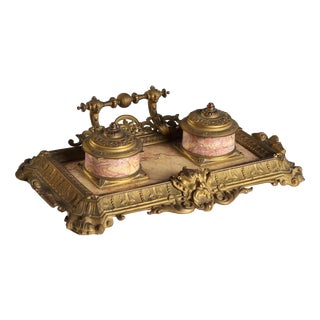 Bronze and Marble Desk Inkwell For Sale