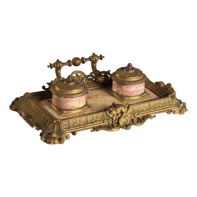 Bronze and Marble Desk Inkwell For Sale