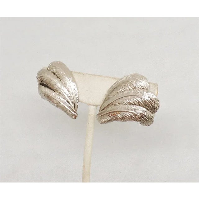 Silver Vintage Signed Napier Rhodium Plated 3 Feather Clip Earrings - 2 Pieces For Sale - Image 8 of 9