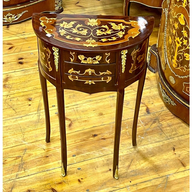 French-Style Demilune Side Table – Three Small Drawers With Floral Marquetry & Gilded Details For Sale - Image 4 of 4