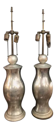 Hollywood Regency Style Hurricane Silve Leafed Glass Lamps - a Pair