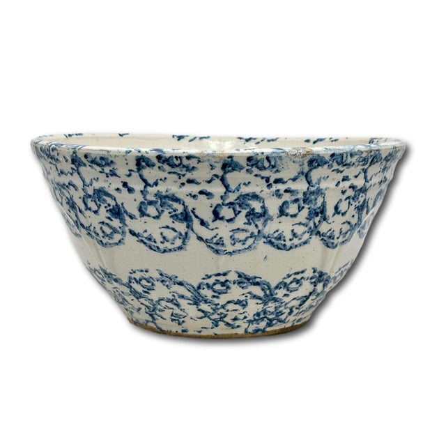 Beautiful Large 12 Inch Size Antique American Blue Spongeware Decorated Stoneware Kitchen Mixing Bowl - 1890s For Sale - Image 14 of 18