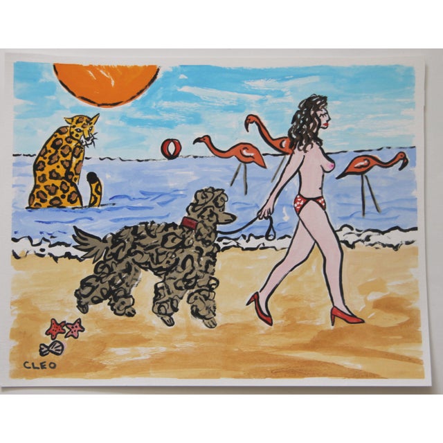 Fauvist Americana nude in high heels a la Matisse, with poodle dog walking on a leash with lawn flamingos and a leopard on...