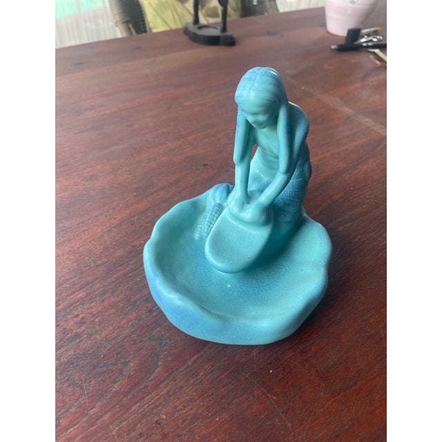 Art Nouveau Art Deco Van Briggle Pottery Ming Blue Native American Indian Girl Grinding Corn Maize Sculpture For Sale - Image 3 of 5