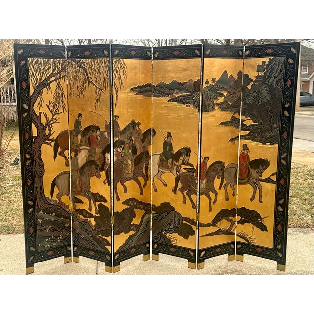 1970s Chinese Export Six Panel Coromandel Screen With Gold Leaf For Sale - Image 16 of 16