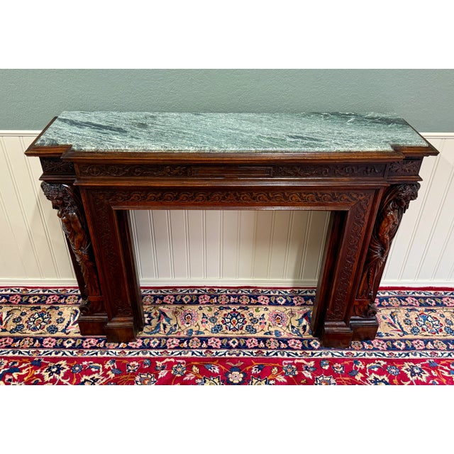 Brown Antique French Fireplace Mantel Surround Marble Top Renaissance Revival Oak 19c For Sale - Image 8 of 18