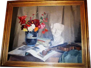 Reine Virely, Still Life of Flowers with Sculpture and Violin, Oil on Panel, 1937