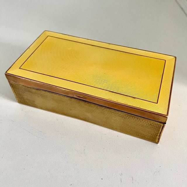 Art Deco Brass Box with Yellow Guilloche and Enamel Detail For Sale - Image 3 of 10