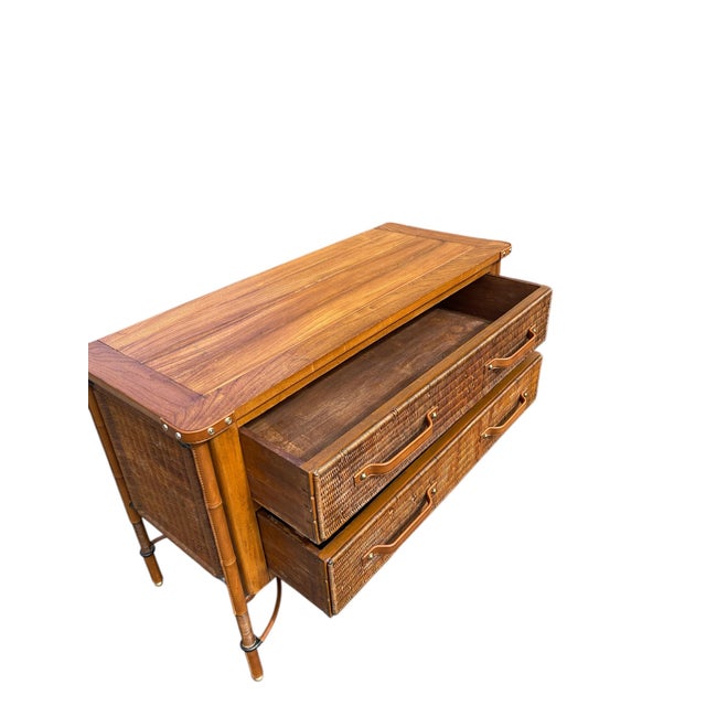 Stitched Leather and Rattan Chest of Drawers by Jacques Adnet, 1955 For Sale - Image 4 of 16