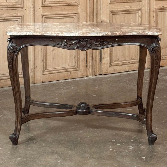 French Late 19th Century French Louis XV Walnut Marble-Top Center Table ~ Library Table For Sale - Image 3 of 17