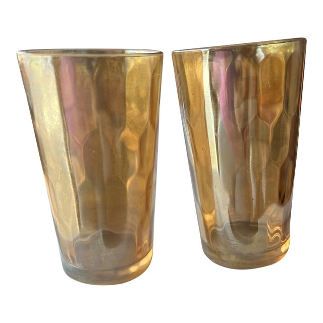 Carnival Glass Tumblers, Marigold Hex Optic Iridescent -Set of 2 For Sale