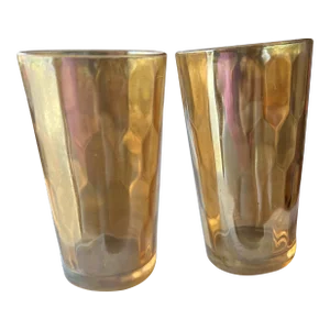 Carnival Glass Tumblers, Marigold Hex Optic Iridescent -Set of 2