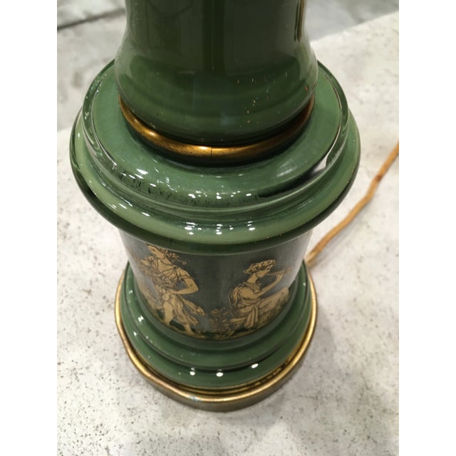 Bottle Green 1940s Frederick Cooper Tyndale Reverse Painted Glass Column Lamp & Paper Shade For Sale - Image 8 of 13