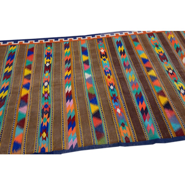 Brown Brown Vintage Kilim Handmade Flatweave Geometric Motif Wool Runner For Sale - Image 8 of 11
