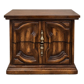 1970s Spanish Mediterranean Revival Carved Pecan Two-Drawer Nightstand For Sale