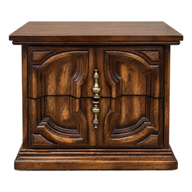 1970s Spanish Mediterranean Revival Carved Pecan Two-Drawer Nightstand For Sale