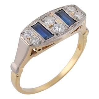 1930s Art Deco Sapphire Diamond 18k Yellow Gold Platinum Ring, Size 7.75 For Sale