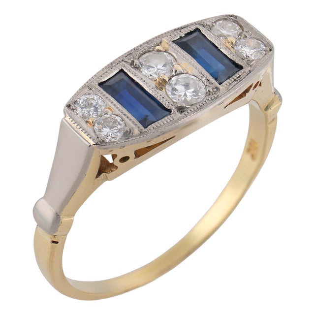 1930s Art Deco Sapphire Diamond 18k Yellow Gold Platinum Ring, Size 7.75 For Sale