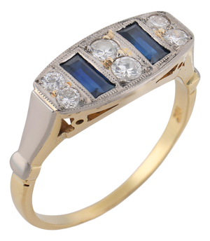 1930s Art Deco Sapphire Diamond 18k Yellow Gold Platinum Ring, Size 7.75