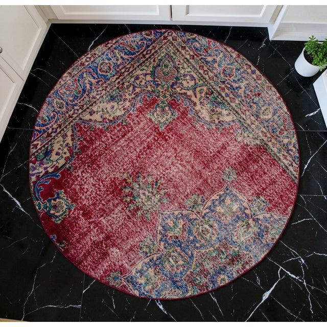 2020s Vintage Hand Knotted Round Turkish Rug Upcycled Wool Circle Area Rug 5'2" X 5'2" For Sale - Image 5 of 9