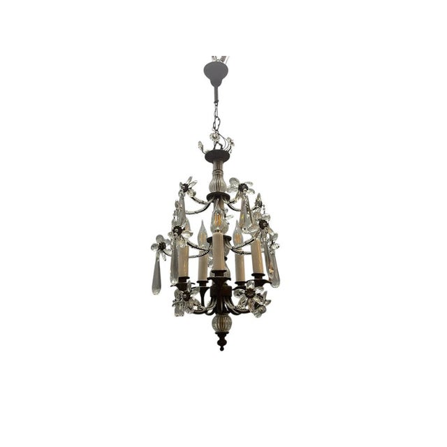 Crystal Beaded Bronze Flower Chandelier, 1950s For Sale - Image 10 of 10