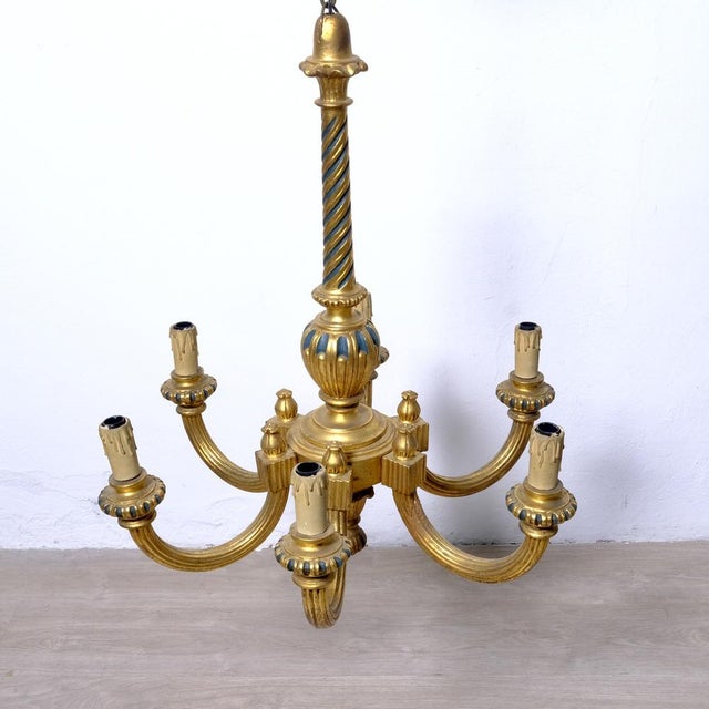 Gilded Wood 6-Arm Chandelier, 1940s For Sale - Image 4 of 18
