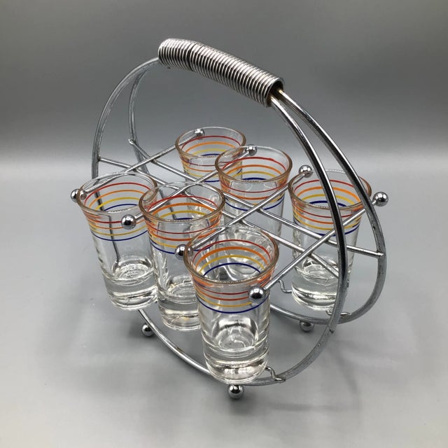 Mid-Century Modern 7 Striped Shot Glasses in Chrome Plated Caddy - Set of 8 For Sale - Image 3 of 13