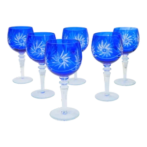 Vintage Blue Crystal Cut Stems - Set of 6