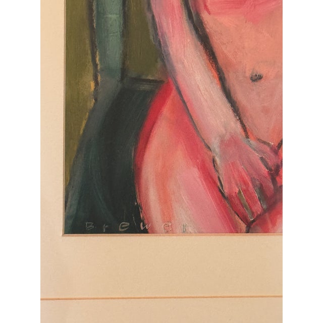 "Seated Woman with Vase," a modernist figural painting of a seated nude rendered in pink against fields of green and...