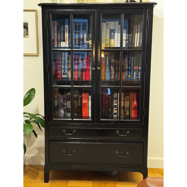 Traditional Bronson Mahogany Glass Door Bookcase Cabinet in Heritage Black Attributed to Pottery Barn For Sale - Image 3 of 18
