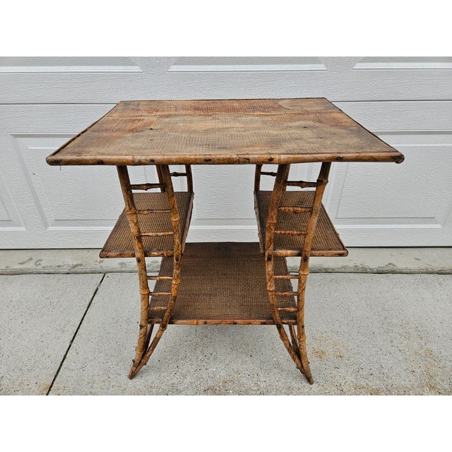 English Weathered Burnt Bamboo Reed Side Table Plant Stand For Sale - Image 3 of 14