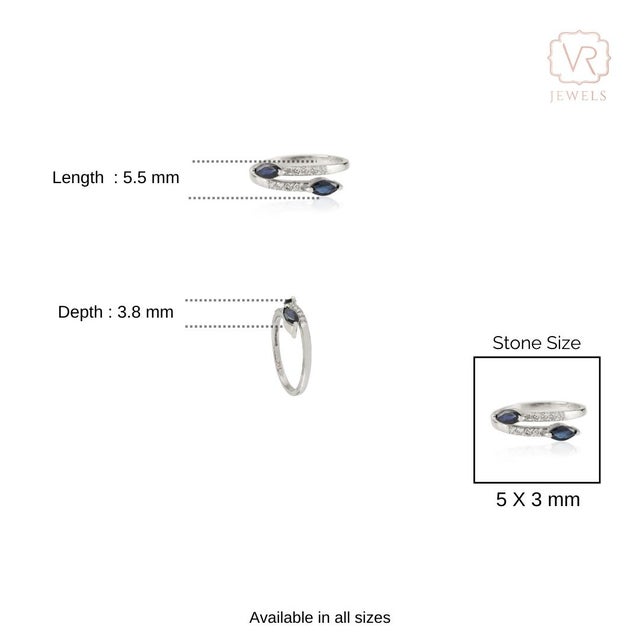 Modern Marquise Blue Sapphire and Diamond Bypass Ring Size 5 in 14k White Gold For Sale - Image 9 of 14