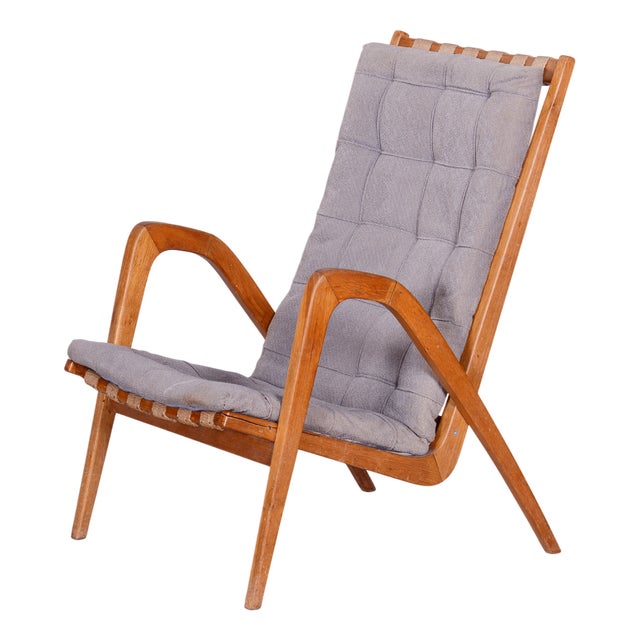 Mid-Century Czech Grey Armchair in Oak attributed to Jan Vanek, 1950s For Sale