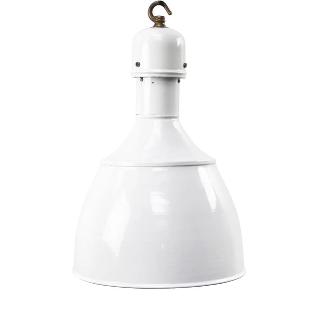 Industrial White Enamel and Brass Pendant Light, 1950s For Sale