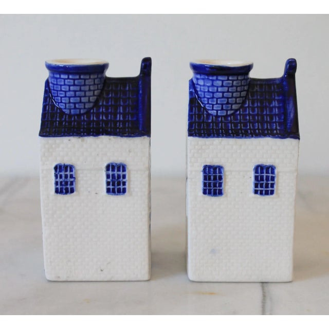 Mid 20th Century Vintage Blue and White Ceramic House Candle Holders - a Pair For Sale - Image 5 of 9